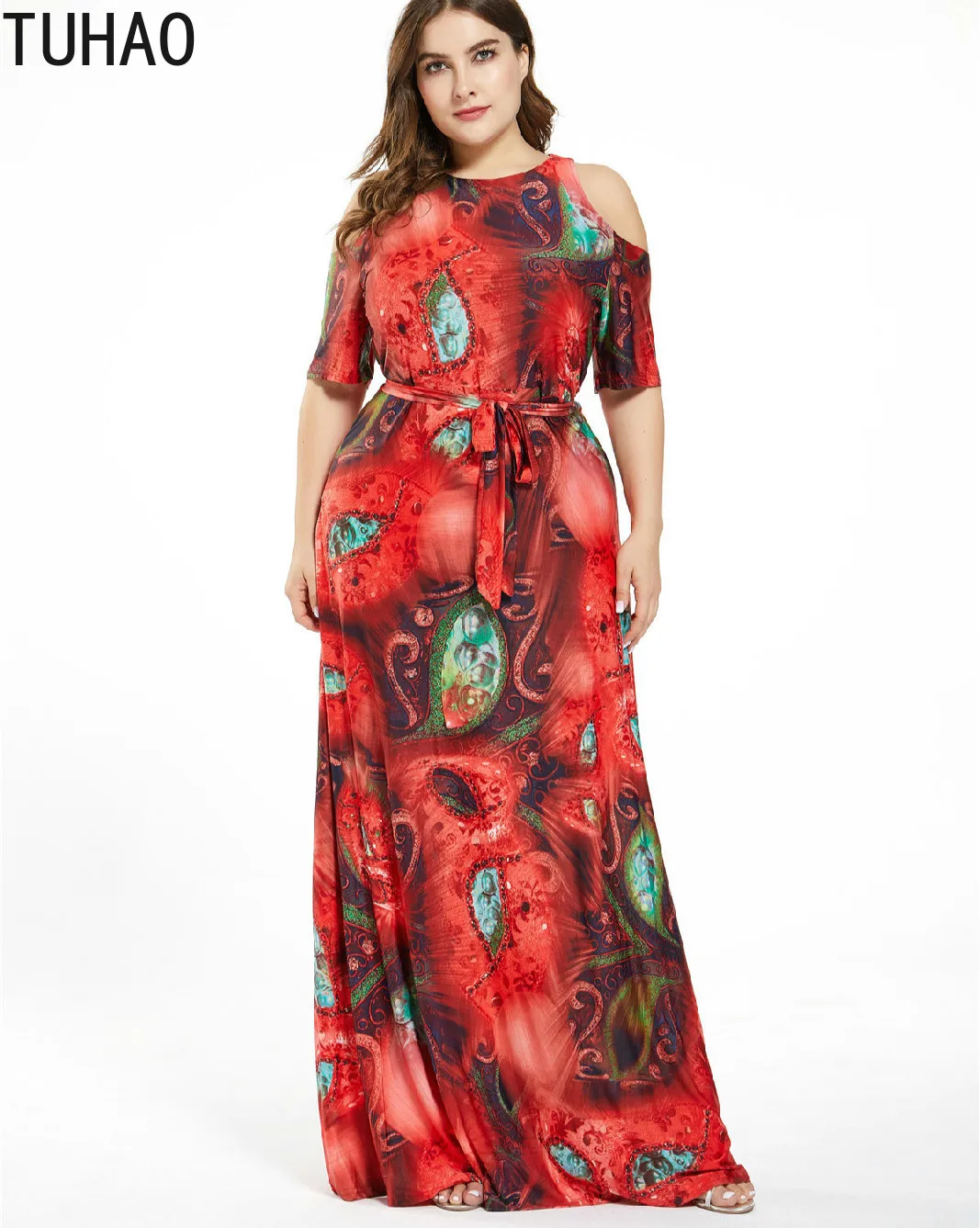 

TUHAO 2020 Summer Spring Women Maxi Long Bohe Style Dresses 7XL 6XL 5XL Plus Size Women's Strapless Beach Print Bohemian Dress