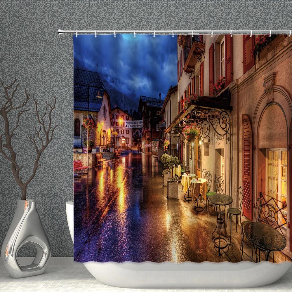 

City Street View Shower Curtain Building Church Landscape Waterproof Polyester Fabric Household background Decorative With Hook