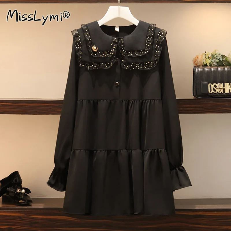 Женское милое Черное мини платье с оборками большие размеры осень 2020 сетчатые