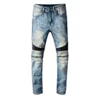 Мужские джинсы на молнии, Синие рваные джинсы в стиле хип-хоп с соединением внакрой, уличные байкерские джинсы, новинка 2020
