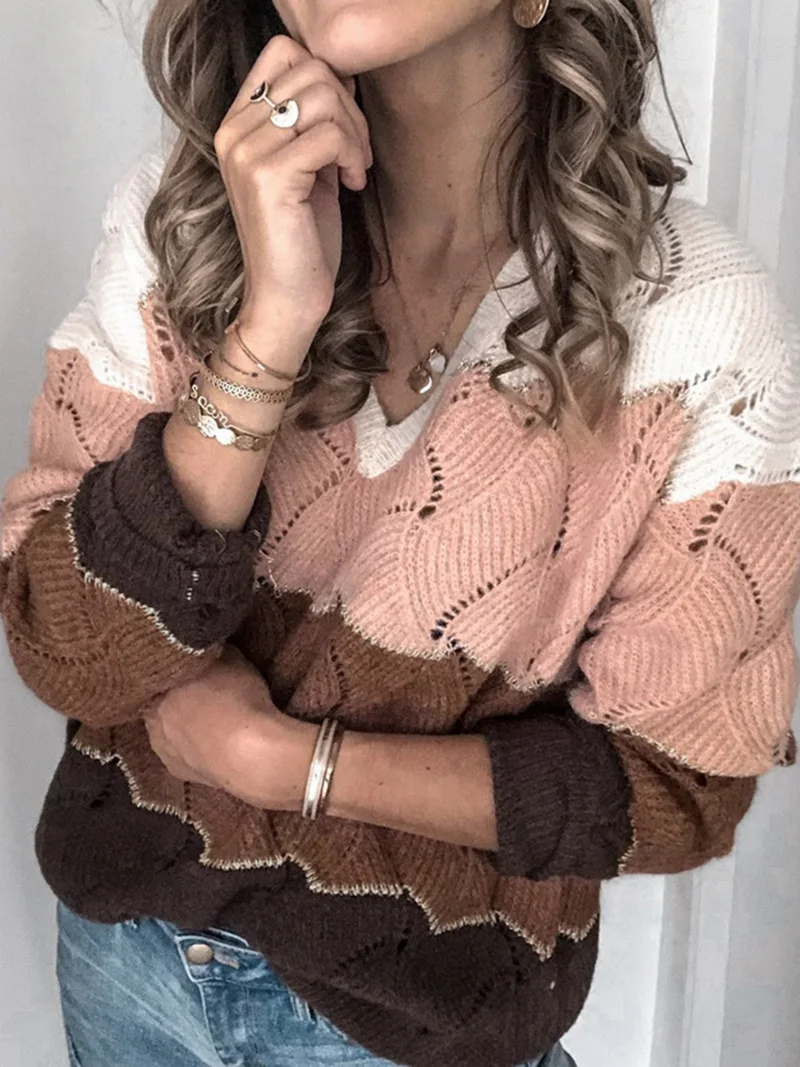 

Knitted Basic Sweater Pullover V Neck Hollow Out Long Sleeves Patchwork Women Autumn Winter Fashion Casual Warm Soft Tops