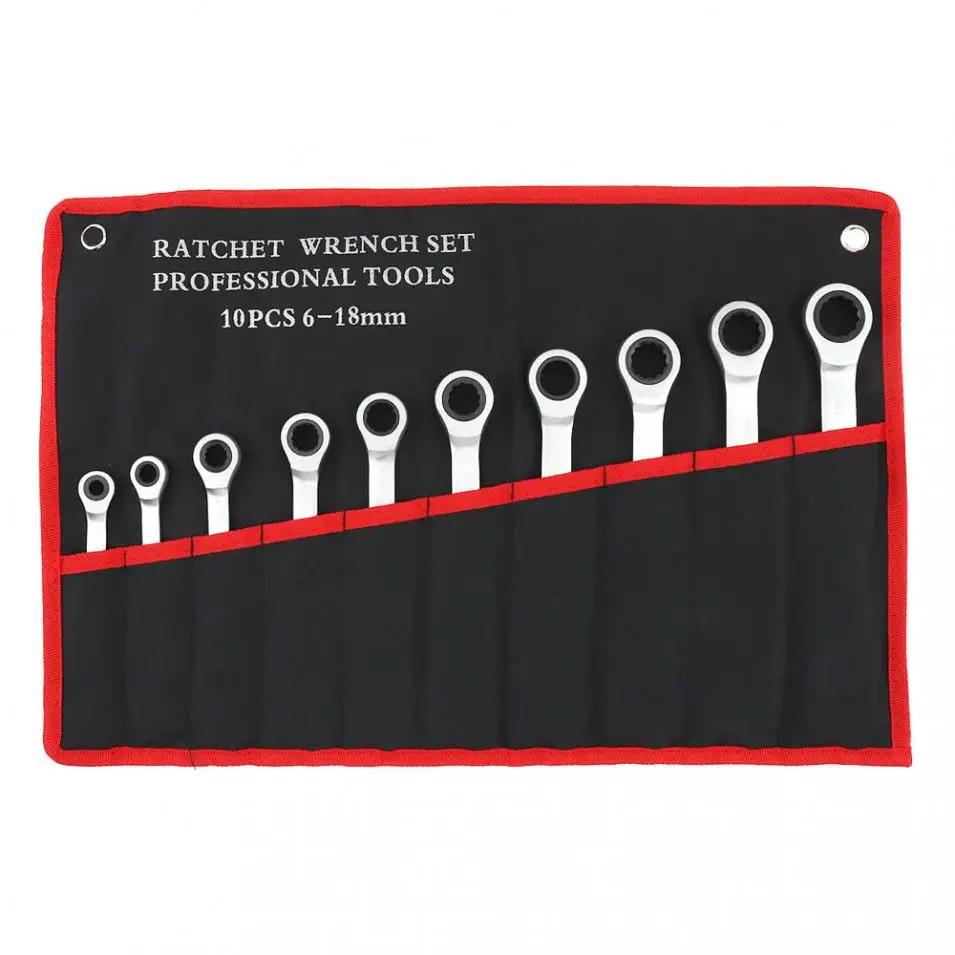 

10pcs/set Fixed Head Ratchet Wrench Set 6mm-18mm CRV Ratchet Spanner Combination Wrench Set Hardware Tools with Cloth Bag