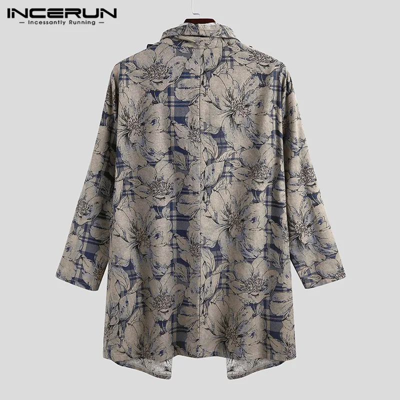 

INCERUN Printing Men Coats Turtleneck Long Sleeve Retro Cloak Streetwear Leisure Ponchos 2021 Cotton Mens Irregular Trench S-3XL