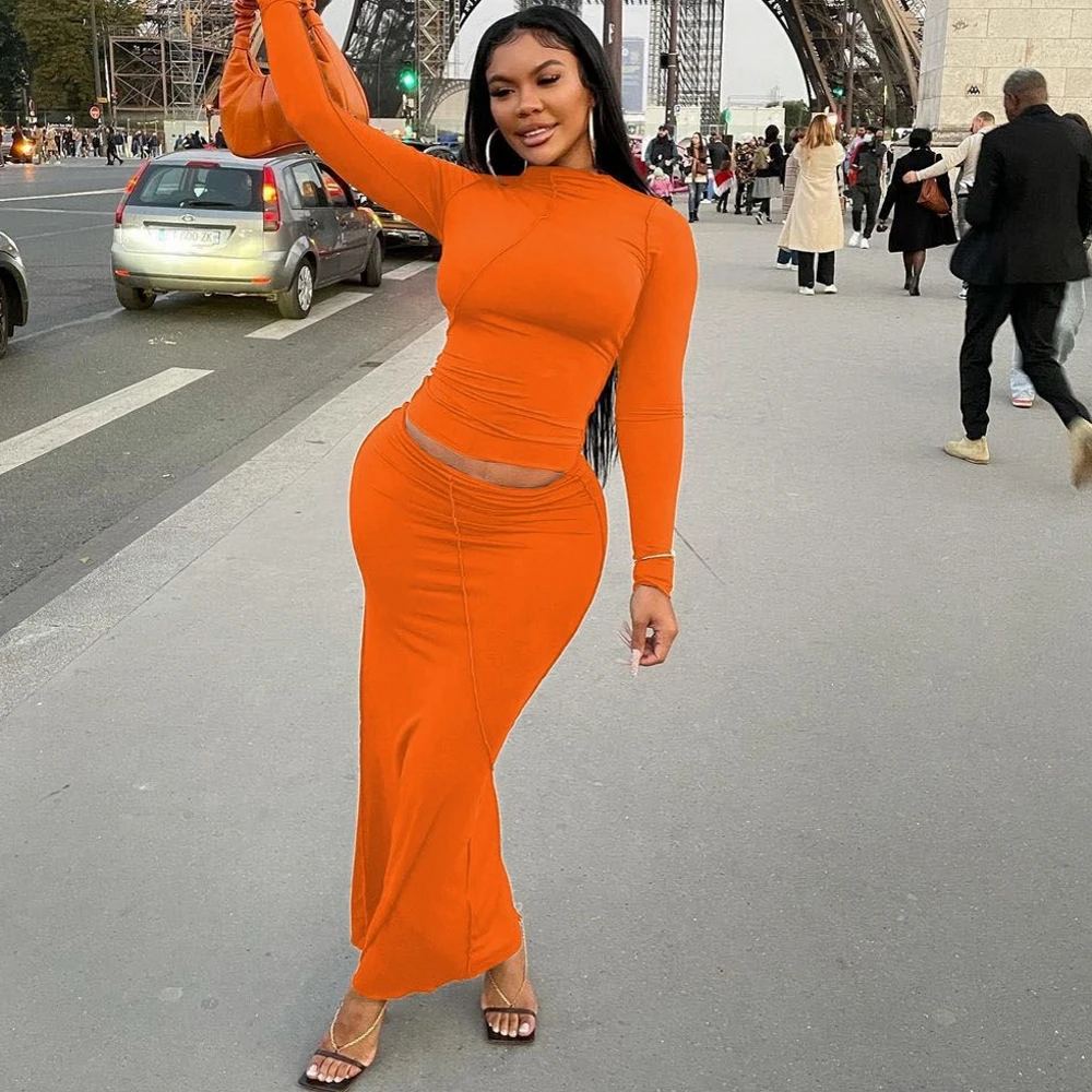 

Elegant Simple Two Piece Set Women Skirt Herfst Solid Sheath Long Sleeve Top And Bright Line Decoration Slim Female Skirts