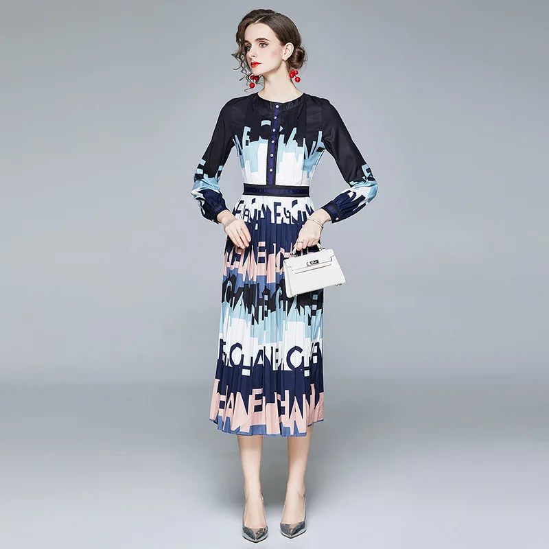 

High Quality Printed Midi Dress 2020 Spring Autumn Robe Femme Long Sleeve High Waist Vintage Retro Dresses
