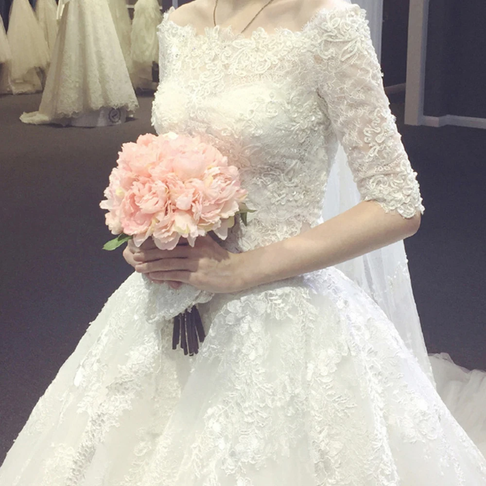 

Dioflyusa Appliques Off-Shoulder Wedding Dress Wome Short Sleeve Lace Up A-line Gowns Female Tulle Bride Dress Vestido De Noiva