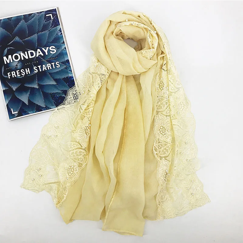 Lace floral hijab scarf plain beads cotton headband scarves wraps shawls hijab spring muslim scarf 180*80cm