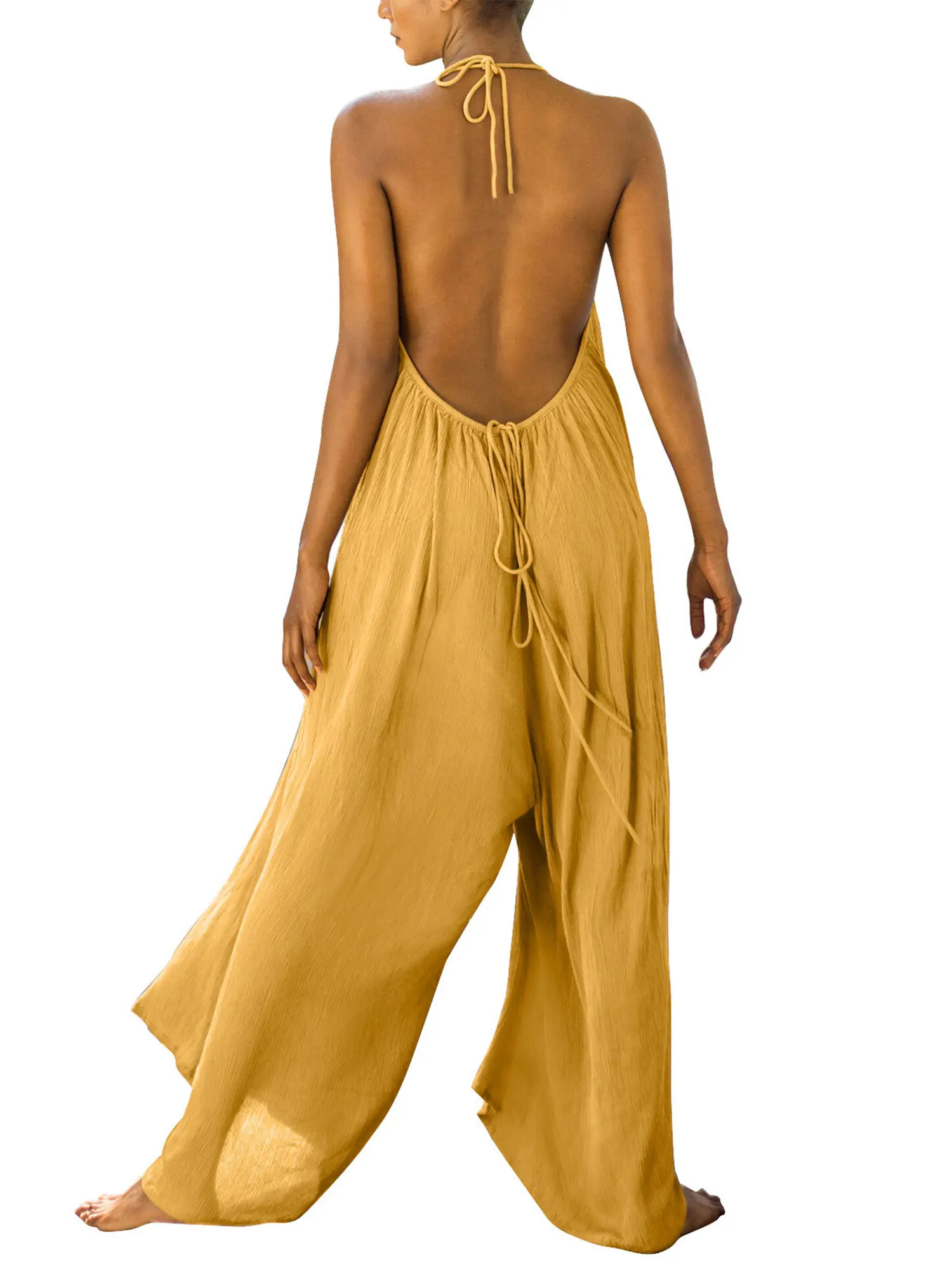 

Women Loose Style Jumpsuit, Solid Color Sleeveless Deep V-neck Jumpsuit with Tassels, Blue/ Yellow/ Black