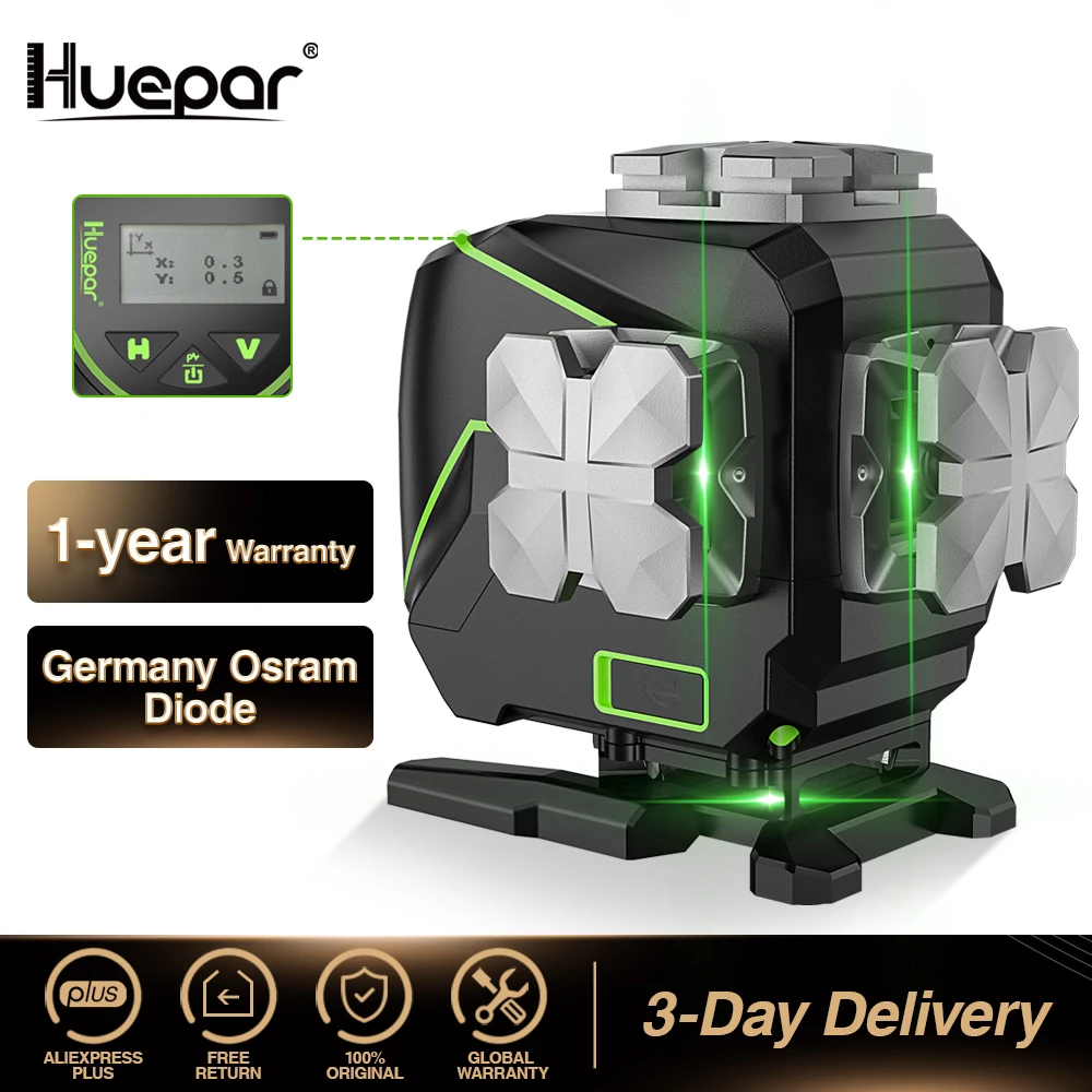 Нивелир лазерный Huepar S03DG, 12 линий, зеленый луч, ЖК-дисплей, Bluetooth и пульт дистанционного управления - изображение