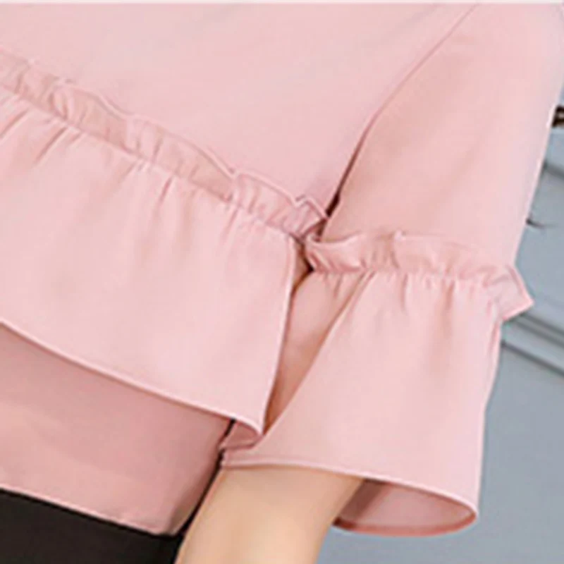 

Sweet Women Solid Color Blouse Womens Casual Slim Ruffles Blouses Female Chiffon Top Females Elegant Ladies V-neck Tops Korean