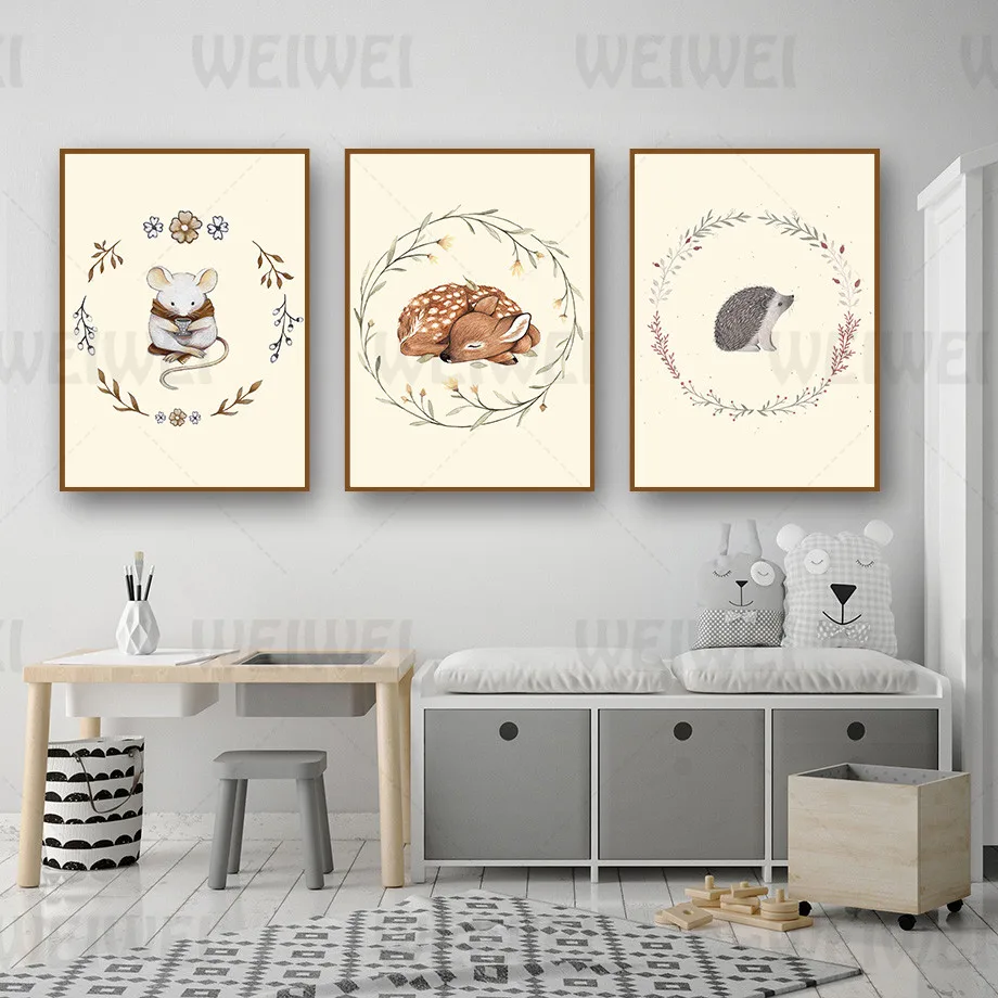 

Animal Home Decoration Surrounded By Leaves Warm Squirrel Rabbit Canvas Painting Rabbit Posters and Prints Kids Room Wall Art