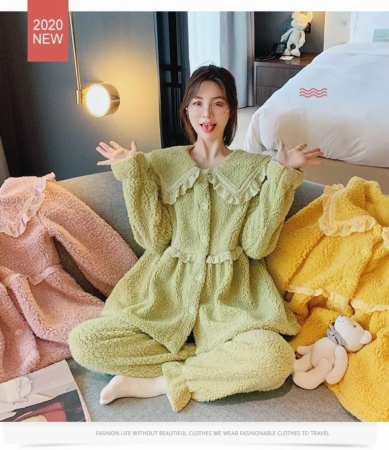 

Pajamas Women Autumn Winter Lace Princess Style Sleepwear Plush Thickened Coral Fleece Nightwear Cute Warm Flannel Home Clothes