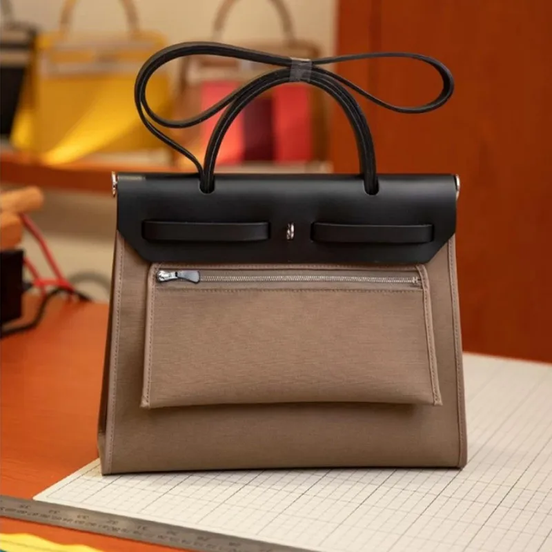 

Brand Handbag Fashion Design Patchwork Leather Canvas Bag Office Ladies Single Shoulder Bags Casual Tote Vintage Messenger Bag