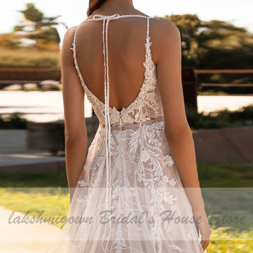 Роскошная бисера Lace богемное свадебное платье на тонких бретелях сексуальное