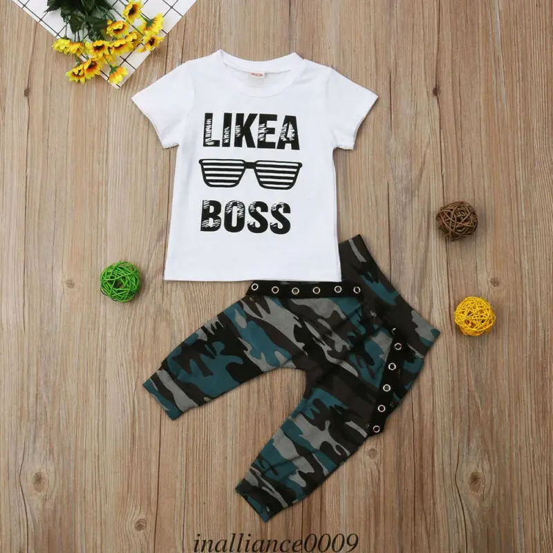 Pudcoco New Arrival Pop Toddler Baby Boy Hip Hop Tops T-shirt Camo Pants 2Pcs Outfits Set Clothes |