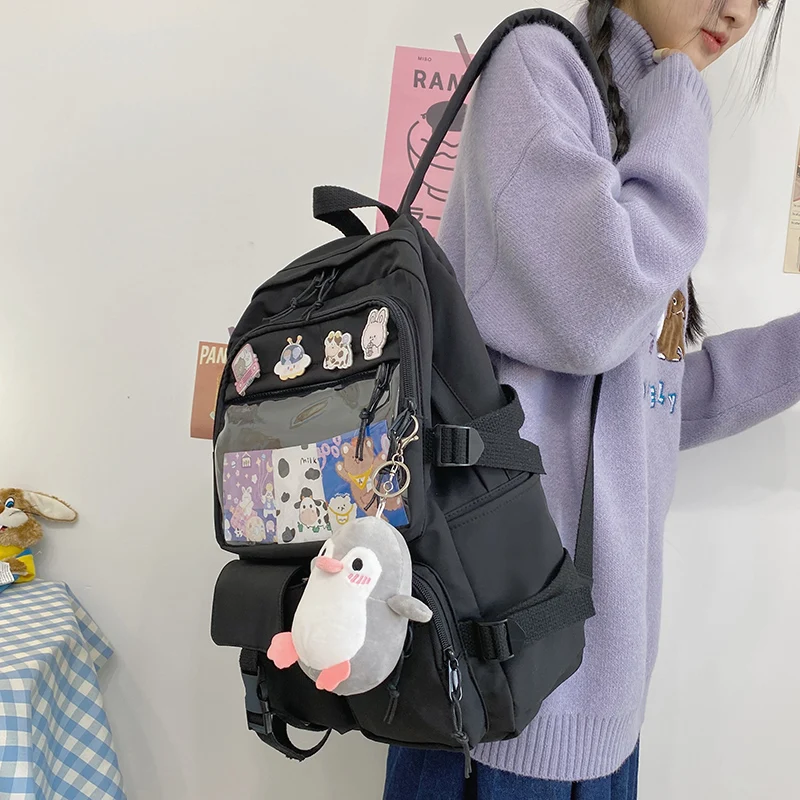 

HOCODO Cute Women Backpack Large Capacity Solid Color Female School Bag Fashion PVC Double Front Pocket Backpack Travel Backbag