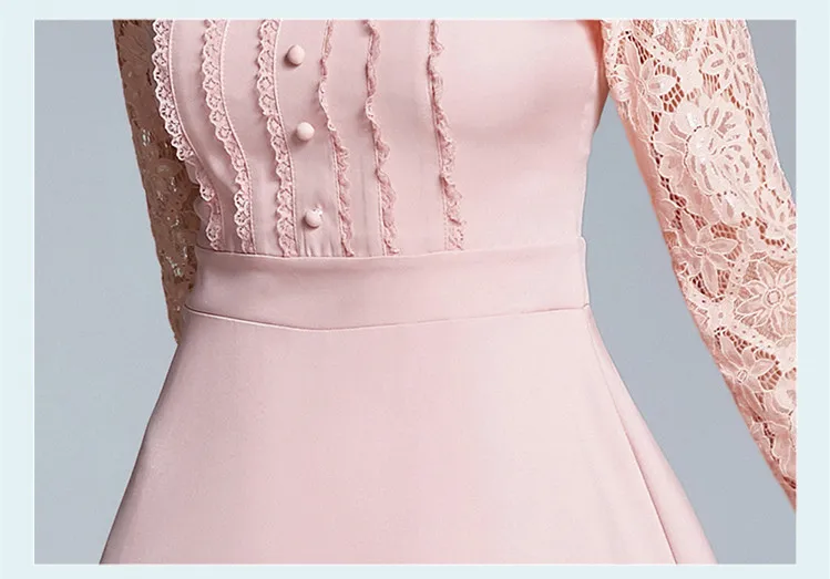 

Solid Pink Fit And Flare Summer Dress Women Wrist Sleeve Peter Pan Collar Lace Patchwork Sweet Button Trim Ladies Dress k8817