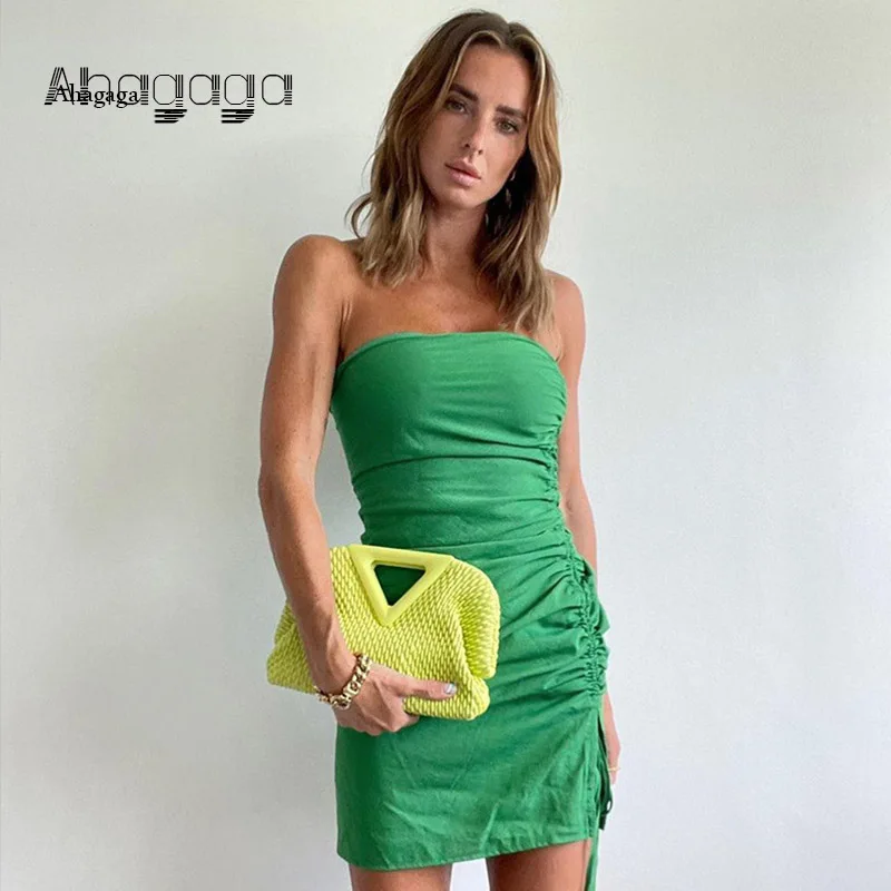 

AHAgaga Streetwear Sexy Slim Drawstring Dress Female Robes 2022 Spring Strapless Ruched Dresses Women Green Sundress Vestidos
