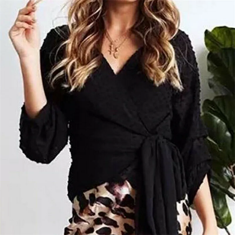 Осенняя женская блузка с длинным рукавом Сексуальная рубашка v-образным вырезом