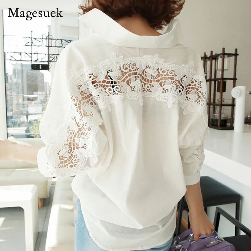 

Fashion Women Tops Summer 2021 Backless Sexy Hollow Out Lace Blouse Shirt Ladies Casual Loose White Office Blouse Women 1310 40