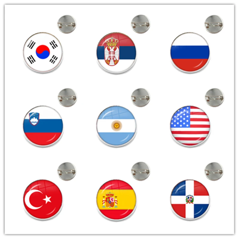 National Flag Glass Cabochon Brooch Korea,Serbia,Russia,Slovenia,Argentina,United States,Turkey,Spain,Dominica Collar Pins Gift