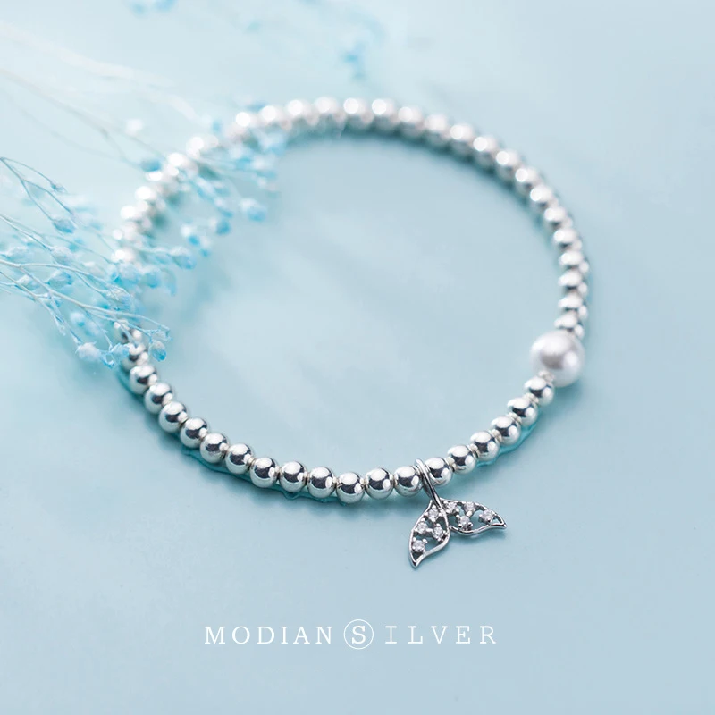 

Modian Shining Zircon Cute Mermaid Tail Pearl Starnd Bracelet for Women 925 Sterling Silver Fashion Bracelet Fine Jewelry Gift