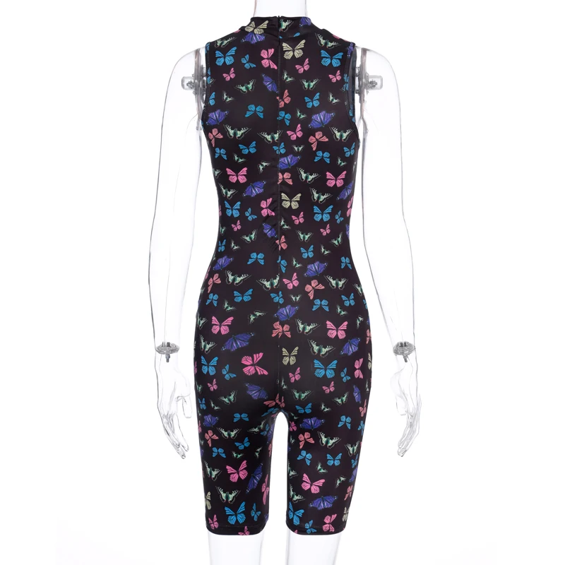 

Butterfly Print Turtleneck Sleeveless Tank Playsuit Jumpsuit 2020 Women Black Bodycon Rompers Trousers Summer Shorts Jumpsuit