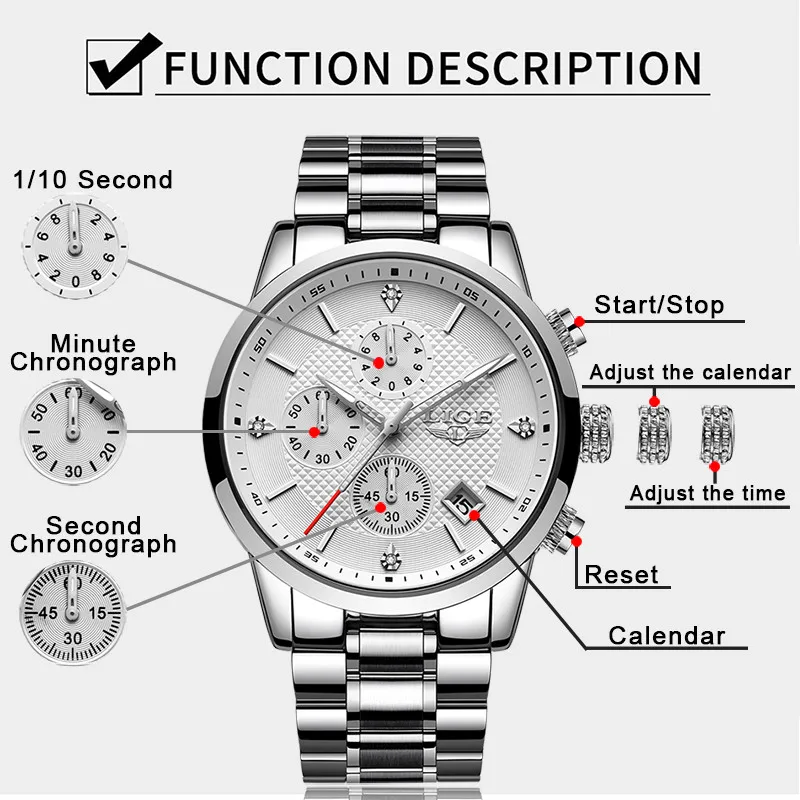 Часы LIGE Мужские кварцевые с хронографом водонепроницаемые из нержавеющей