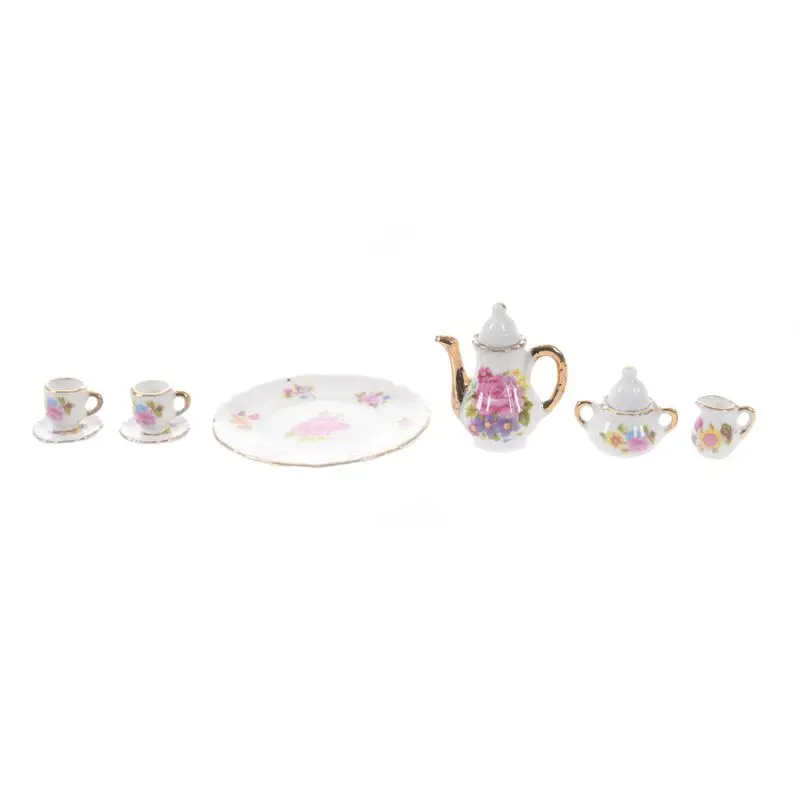 

8pcs Dollhouse Miniature Dining Ware Porcelain Tea Set Dish Cup Plate -Pink Rose