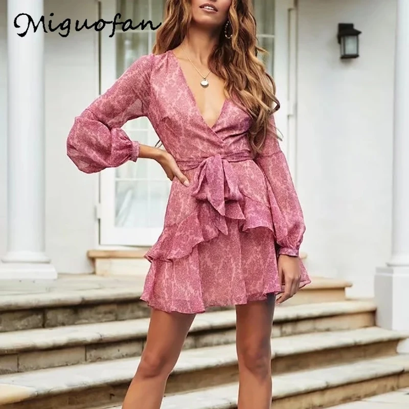 Miguofan женские платья цветочное принтованное платье с запахом и оборками длинный