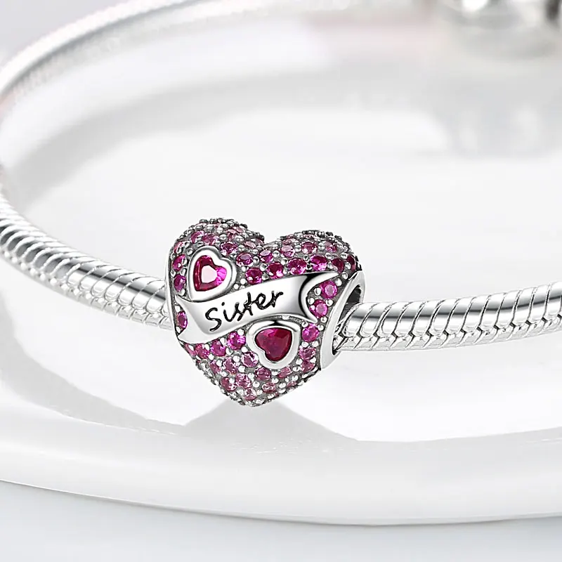 

Sister Charm 925 Sterling Silver Love Beads Fuchsia CZ Heart Charm Fit Original Bracelet Girlfriend Silver Jewelry Gift DIY