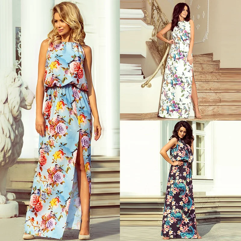 

Women Boho Beach Summer Floral Maxi Dress Elegant Sleeveless Holiday Vacation Summer Flower Long Dress