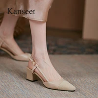 kanseet 2021 summer womens shoes fashion patchwork genuine leather square toe thick heels women sandals high heels shoes women