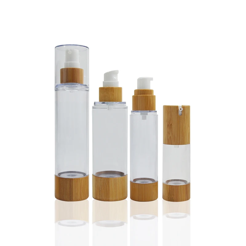 

Wholesale Eco friendly perfume spray sample 20ml 30ml 50ml refillable lotion pump bamboo airless cosmetic bottles 80ml 100ml 4oz