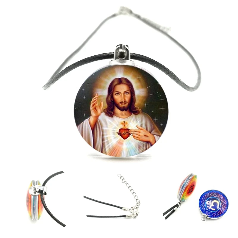 

2020 Jesus Christian Double-sided Pendant Necklace 25mm Glass Cabochon Black Leather Cord Necklace Men and Women Jewelry Gifts