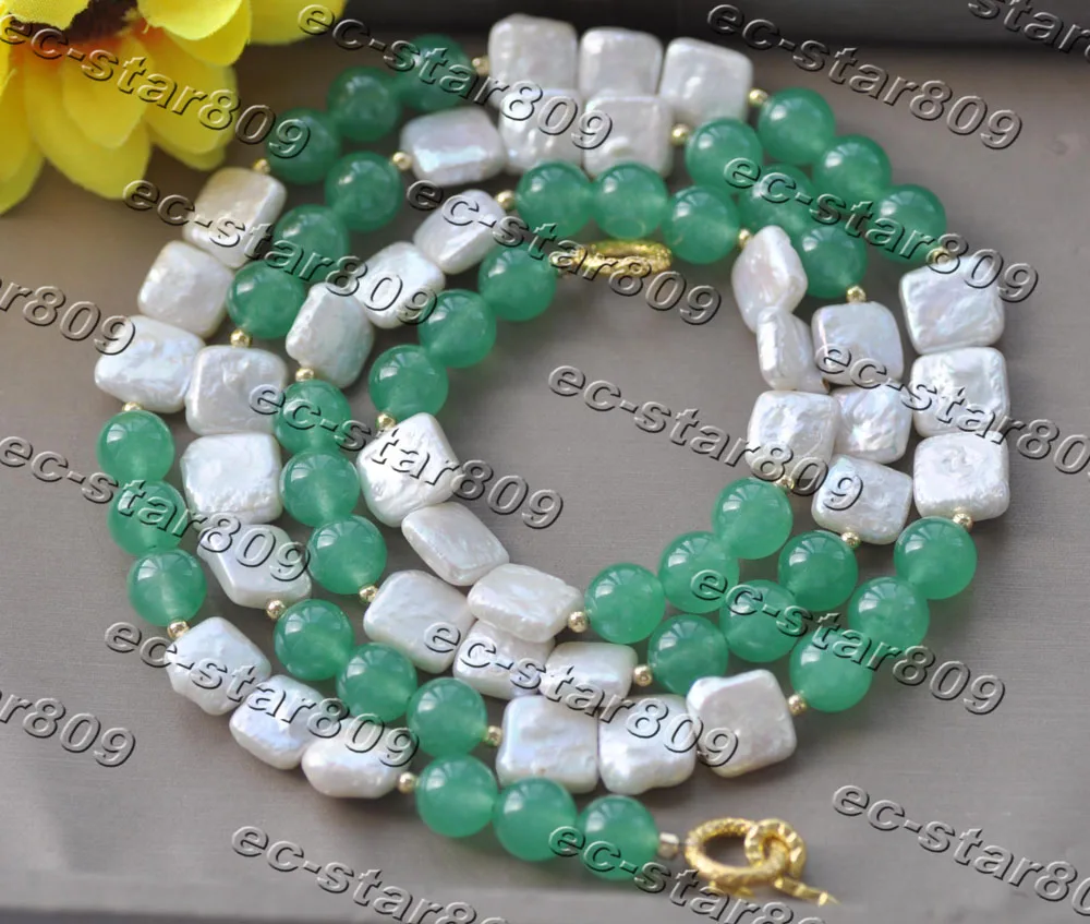 

Z11232 35"-50" 12mm White Square Coin Pearl Round Green Jade Bead Necklace Woman Fashion Jewelry