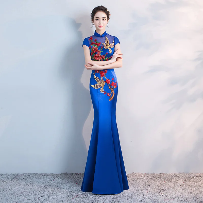 

Синий Для женщин Русалка Вышивка Длинные вечерние платья, вечернее, элегантное, с воротником «Мандарин», короткий рукав Выходные туфли на в...