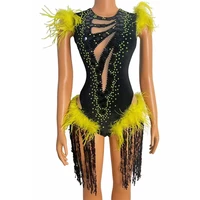 black sequin fringe yellow rhinestone feather bodysuit hollow out dj ds dancer outfit singer dress pole dance clothing women