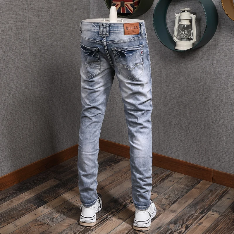 European American Street Fashion Men Jeans Retro Light Blue Destroyed Slim Ripped Jeans Men Patchwork Designer Denim Punk Pants