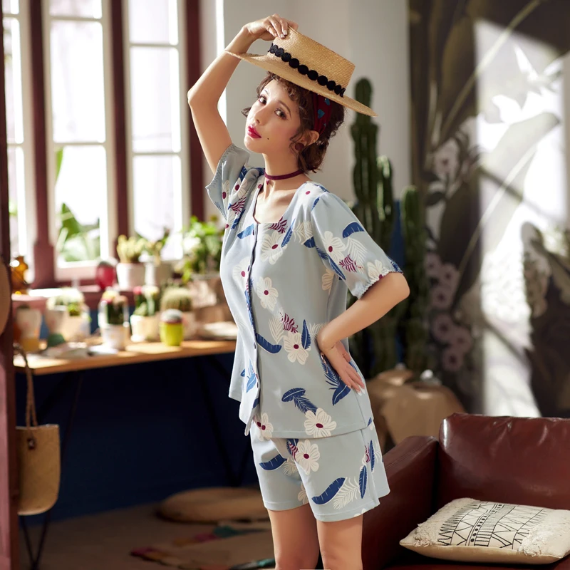 Шелковые женские шорты пижамный комплект с коротким рукавом и пуговицами одежда