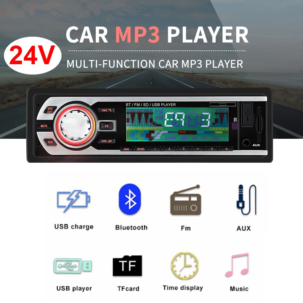 24 В Автомобильная магнитола, стерео аудио, Bluetooth In-dash, 1 Din, FM, Aux вход, приемник, SD, USB, MP3, ISO разъем, Авторадио, oto teypleri