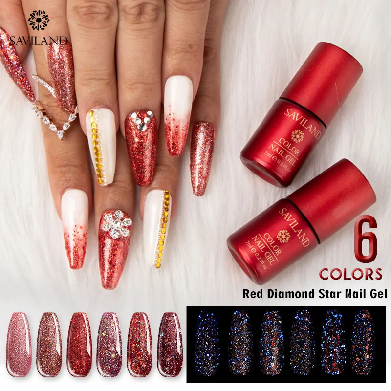 SAVILAND 6 цветов Светящиеся ногти Красный Блеск Гель для ногтей Звездное розовое