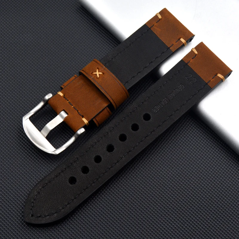 Handmade Men Watch Accessories Vintage Brown Black Genuine Crazy Horse Leather 20mm 22mm 24mm Watchband Watch Strap & Watch Band