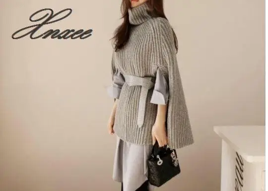 Women's new autumn and winter split fork high collar wild poncho knit sweater