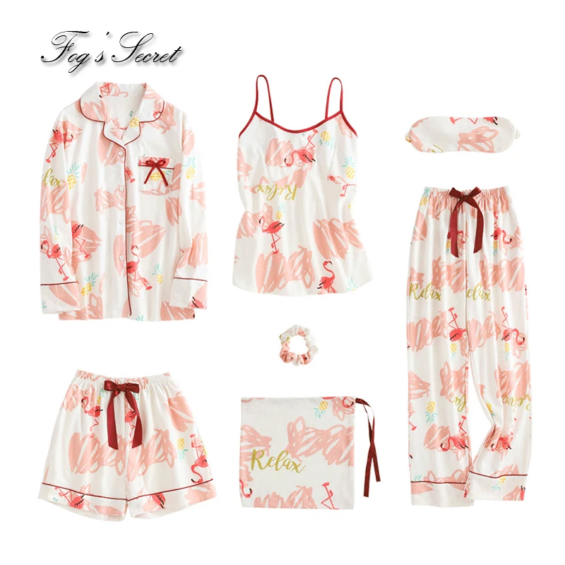 Женские пижамные комплекты Свободная Домашняя одежда с фламинго хлопковая