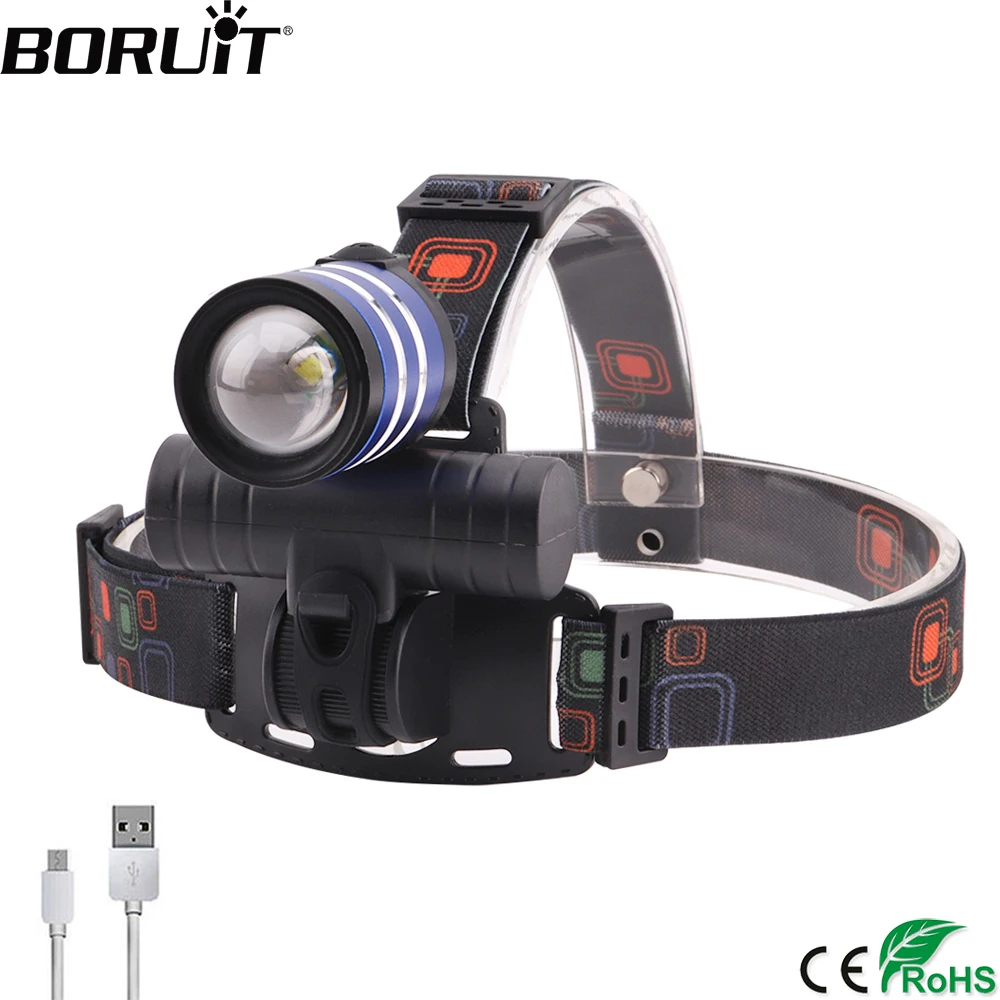 BORUiT XQ-160 светодиодный налобный фонарь 3-Mode Zoom фара высокой мощности 2000lm T6 Головной фонарь перезаряжаемый встроенный аккумулятор для велосипедного фонаря
