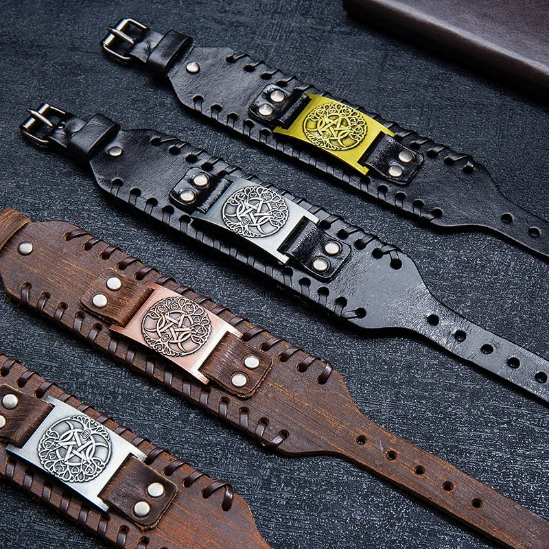 Широкий кожаный браслет с шармами пятиконечный мужской изображением дерева