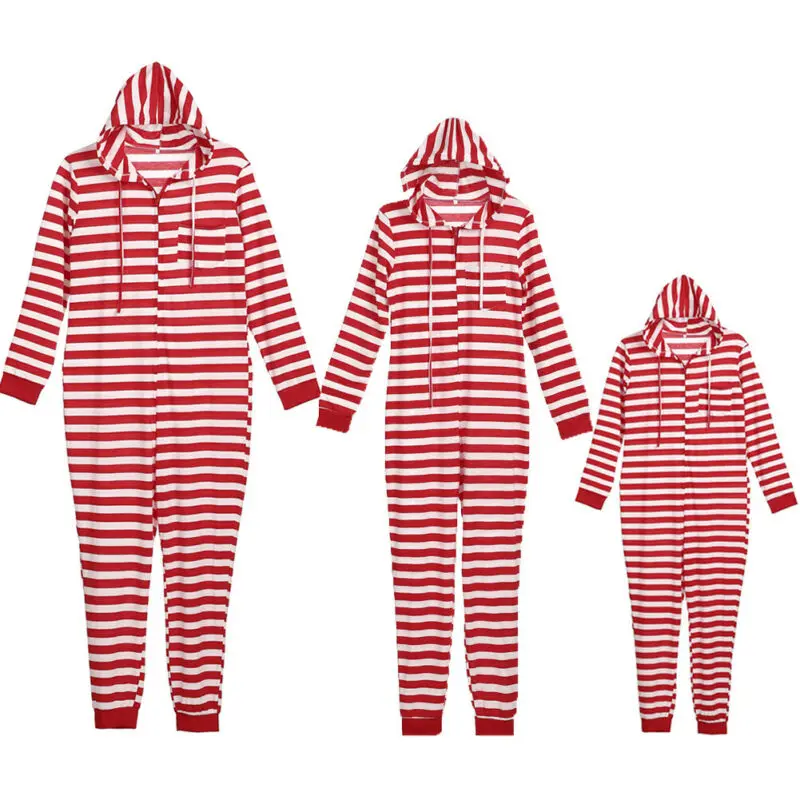 

Christmas Family Matching Outfit Red Striped Hooded One-piece Pajamas 2019 Xmas Adults Kids Women Men Sleepwear Cotton Nightwear