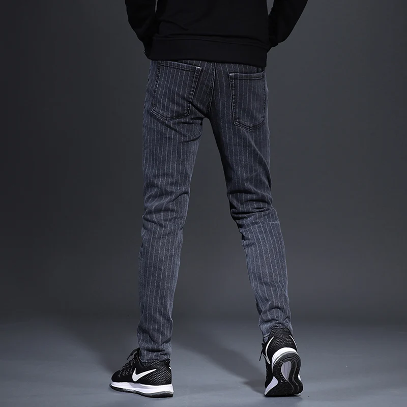 Men Striped Jeans Fashion Stretch Straight Fit Pants Autumn Winter Dark Gray Denim Trousers