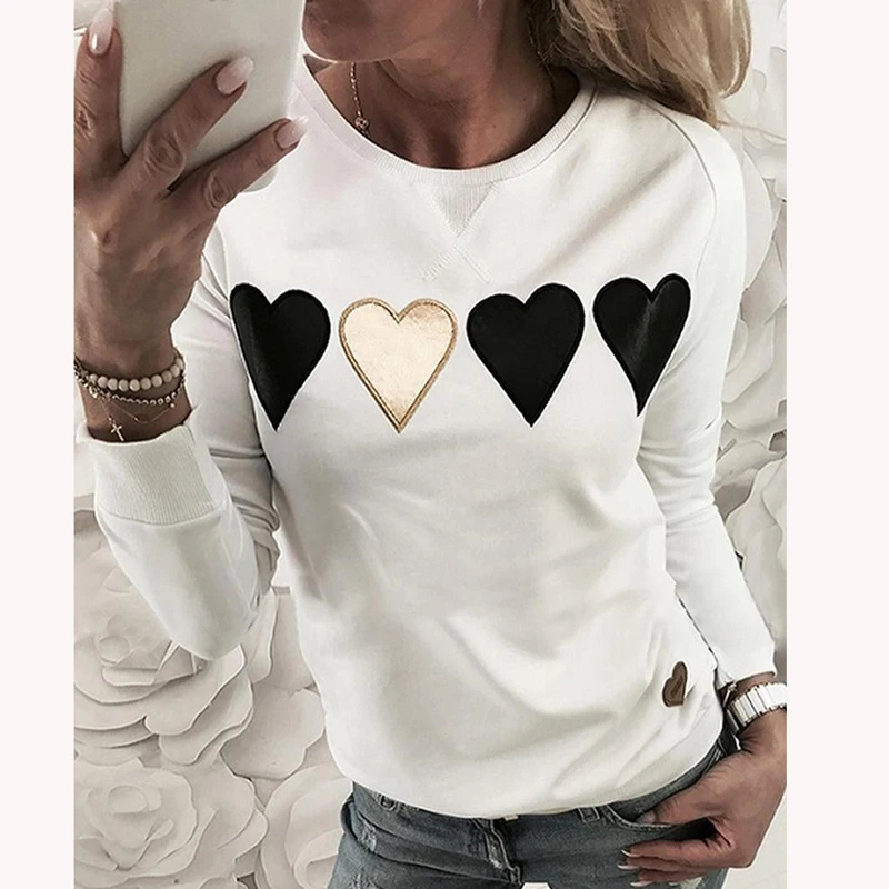02 Heart Print White Women Sequins Lips Print Fashionable Sweatshirt Autumn Leopard Long Sleeve Beading Hoodie Lady O-neck Kawaii Sweatshirt Hoodies - Цвет: 02 Heart Print White